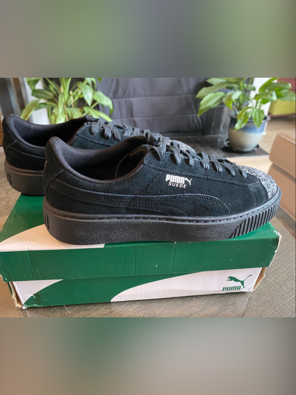 Puma Suede Black Platform Sneakers with Glitter Toe